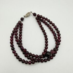 Three strands of all GARNET bracelet with vintage sterling silver clasp!